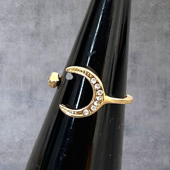 Gold plated crescent moon ring adjustable size tiny clear stones - Picture 2 of 7